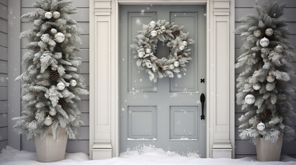 Elegant Christmas wreath on white wooden door in snowy day