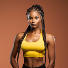 Black woman with long cornrow braids wearing a yellow top on a tan background.