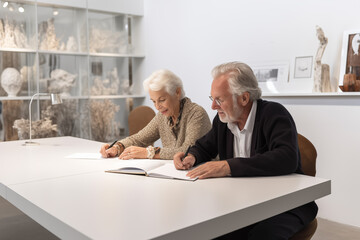 Anxious couple signing their will and living their old age
