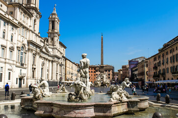 Piazza Navona with the St. Agnes in Agone church in Rome. The fountain in the foreground is the 
