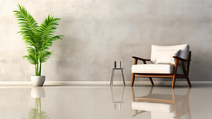 Minimalist Elegance in Modern Interior with White Armchair, Potted Plant, and Reflective Glossy Floor