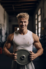 Blonde boy in the gym, strength exercises and training with muscle conditioning
