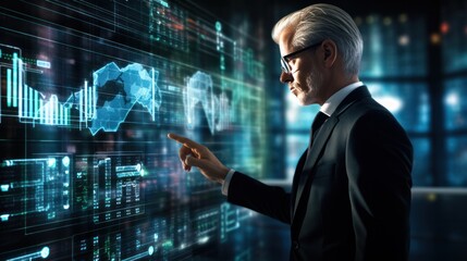 Businessman and Screen holographic interface data, Analyzing Market, Trader and investment