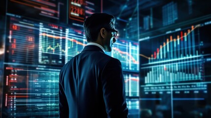 Businessman and Screen holographic interface graph stock market data, Analyzing Market, Trader and investment