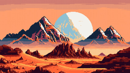 8 bit pixel desert mountain landscape, AI generate - obrazy, fototapety, plakaty