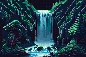 Generative ai waterfall cascade pixel landscape - obrazy, fototapety, plakaty