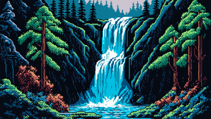 Waterfall cascade at forest landscape, 8bit game