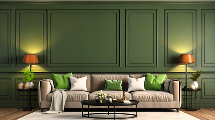 Sophisticated Living Space with Plush Sofa, Warm Lighting, and Elegant Green Paneled Walls