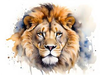 Watercolor lion's face in close-up portrait. It is a symbol of power and royalty. Isolated white background
