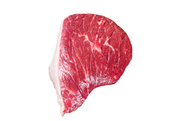 Fresh Raw rump beef cut or top sirloin cap steak on butcher cleaver.  Transparent background....