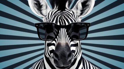 Close up of zebra wearing sunglasses on blue background with stripes.