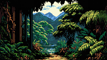 Jungle forest and river landscape, ai pixel scene