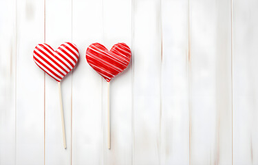 two red lollipops heart shape on white wooden background top vie