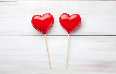 two red lollipops heart shape on white wooden background top vie