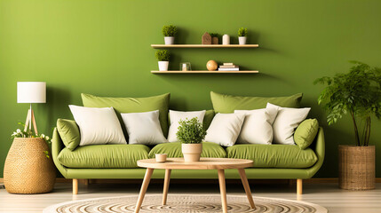 Refreshing Green Themed Living Room with Comfortable Sofa and Natural Wood Furniture Accents