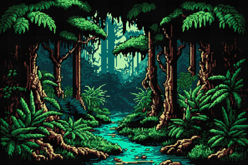 Jungle forest and river, AI generated landscape - obrazy, fototapety, plakaty