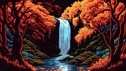 Waterfall in autumn forest, AI generated landscape