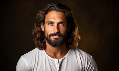 Obraz premium Handsome man with long hair and beard wearing a white shirt against a dark brown background, exuding confidence and a relaxed attitude