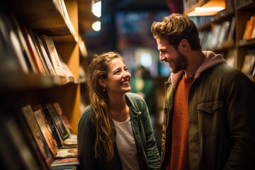 A couple in a bookstore, exploring shelves and discussing their favorite books.