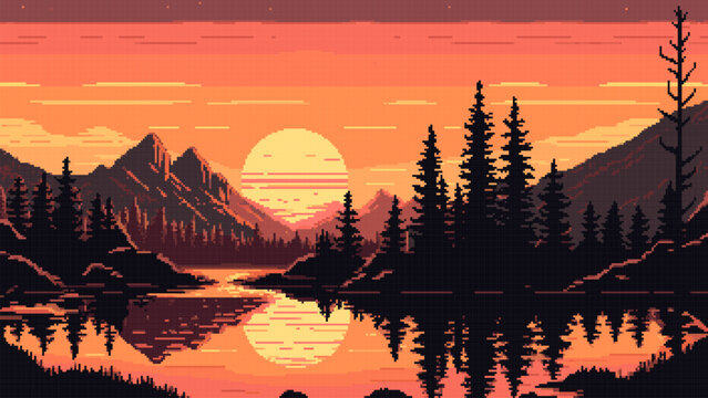 Evening sunset landscape, ai lake and mountains
