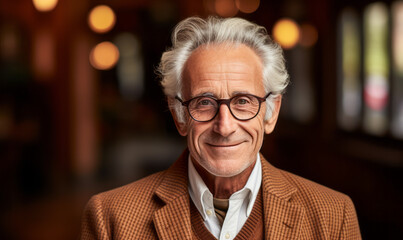 Fototapeta na wymiar Distinguished senior man with silver hair and round glasses, dressed in a smart brown blazer over a sweater, looking at the camera with a kind smile