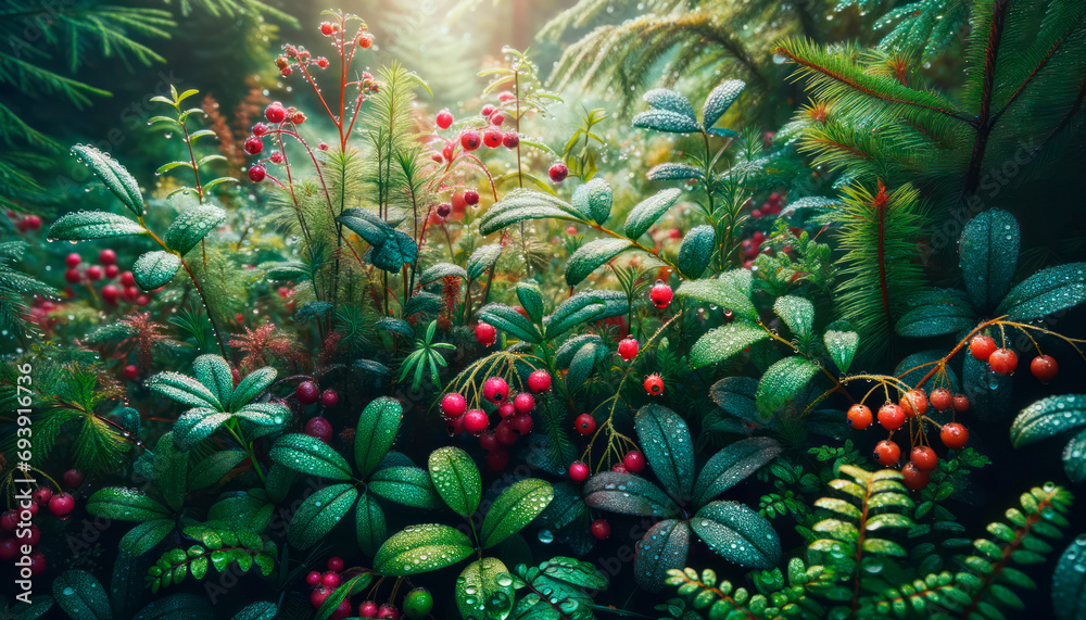 Aufkleber Diverse forest flora with red berries and ferns under soft light. Generative AI