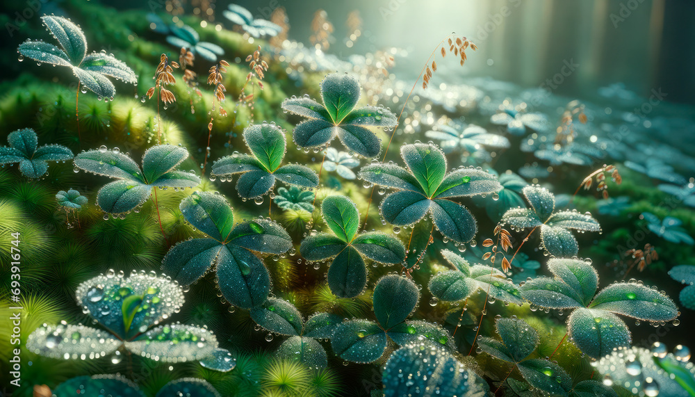 Poster clover leaves and flora with sparkling dew, forest backdrop. generative ai