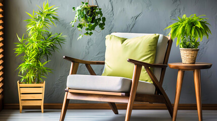 Serene Indoor Oasis with Mid-Century Modern Chair, Lush Green Plants, and Neutral Color Palette