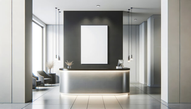 Corner of modern hotel lobby with white and black walls, tiled floor, comfortable gray reception counter and vertical mock up poster. Generative AI