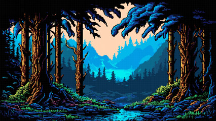 Forest and mountain AI generated pixel landscape