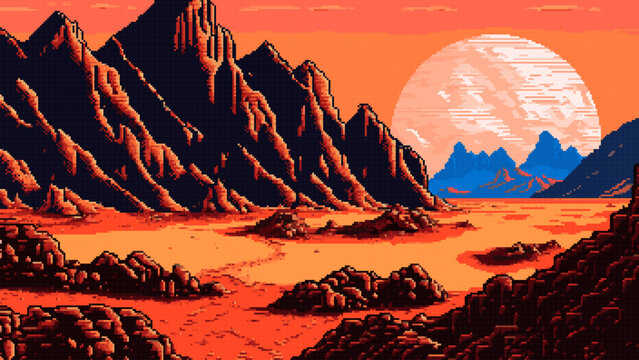 AI generated mars planet mountains in 8bit pixel