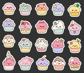 Funny kawaii cupcakes. Sticker Bookmark. Cute sweet food dessert characters. Hand drawn style. Vector drawing. Collection of design elements.