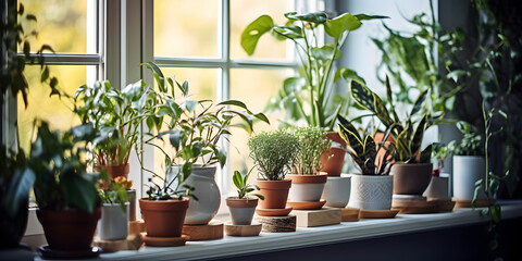 Potted leafy houseplants stands on wooden window sill in row. Home garden and room decoration.