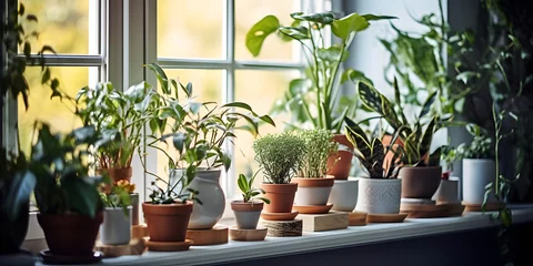 Papier Peint photo Jardin Potted leafy houseplants stands on wooden window sill in row. Home garden and room decoration.