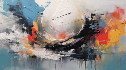 Abstract painting with a prominent circular shape in the center, surrounded by vibrant and muted colors