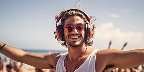 Young man wearing red sunglasses and headset dancing on beach party at hot summer day. DJ at sandy...