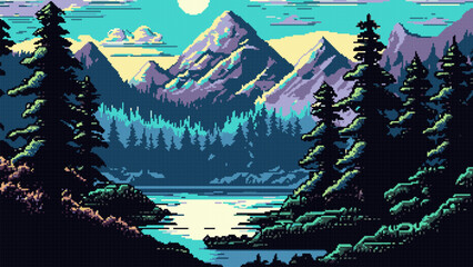 Mountain lake landscape. AI generated pixel scene