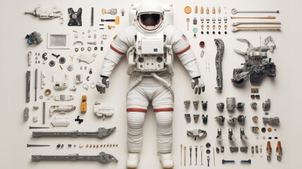 Astronaut's Equipment knolling flat lay arrangement