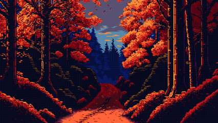 AI generated autumn forest landscape in 8bit pixel - obrazy, fototapety, plakaty