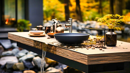 Zen Bathroom with Bamboo Accents, Stone Tub, and Waterfall Faucet, Natural Harmony,