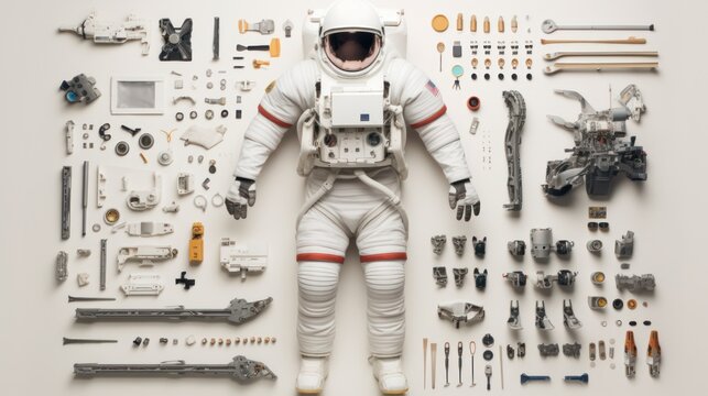 Astronaut's Equipment knolling flat lay arrangement