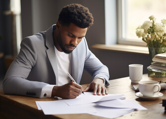 Fototapeta premium concentrated young businessman man office worker working at workplace in office reading documents papers