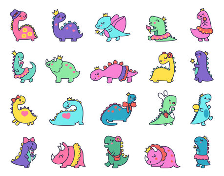 Funny cute girls dinosaurs. Kawaii baby Dino princess character. Hand drawn style. Vector drawing. Collection of design elements.