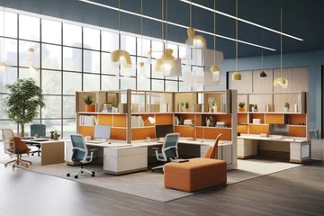Deurstickers The design of a modern cubicle with ergonomic furniture, personalized decor, and strategic lighting for a comfortable and efficient workspace. © PZ SERVICES