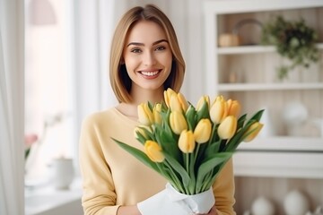 A smiling woman with a bouquet of tulips, a portrait of a young woman with spring flowers.