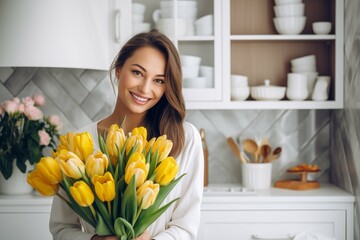 A smiling woman with a bouquet of tulips, a portrait of a young woman with spring flowers. - obrazy, fototapety, plakaty