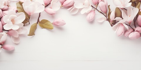 Magnolia flowers on white planks creating a frame with copy-space for text or product, top view