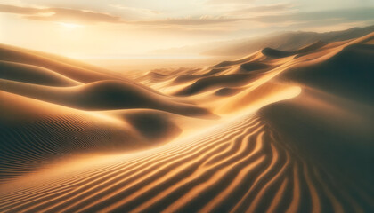 Fototapeta na wymiar Desert dunes bathed in golden sunset light, evoking tranquility and wonder. Serenity concept. Generative AI
