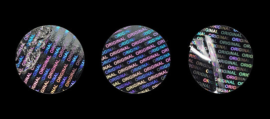 Round holographic sticker collection. Original hologram label seal. wrinkled, damaged iridescent stickers