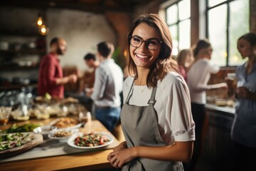 Businesswoman attending a gourmet cooking class, blending hobbies with networking
